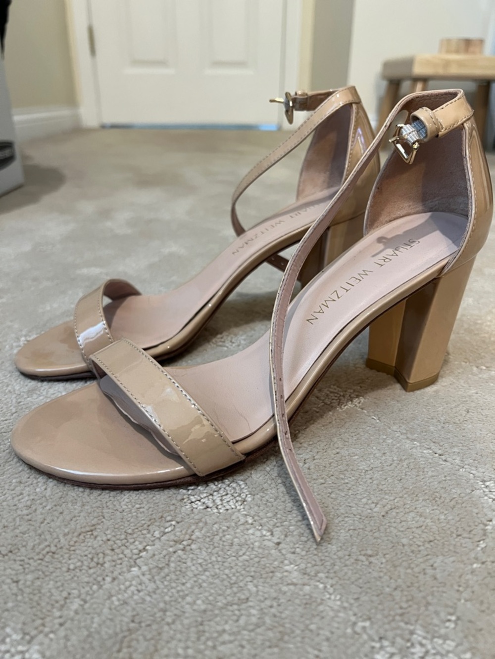 Stuart Weitzman Beige Patent Ankle-Strap Block Heels